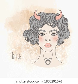 Zodiac: Illustration of Taurus horoscope sign as a beautiful girl. Vector art.  Vintage boho style fashion illustration in pastel shades. Design for coloring book page for adults and kids.