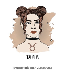 Zodiac: Illustration of Taurus horoscope sign as a beautiful girl. Vector art. Vintage boho style fashion illustration in pastel shades. Design for coloring book page for adults and kids.