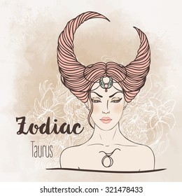 Zodiac: Illustration of Taurus horoscope sign as a beautiful girl. Vector art.  Vintage boho style fashion illustration. Design for coloring book page for adults and kids.