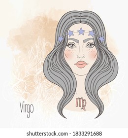 Zodiac: illustration of Virgo zodiac sign as a beautiful girl. Vector art.  Vintage zodiac boho style fashion illustration in pastel shades. Design for zodiac coloring book page for adults.