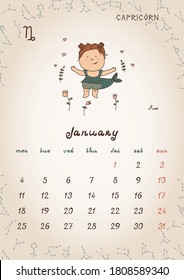 ZODIAC Kids Wall Calendar 2020 - January. Weeks start with Monday.