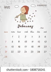 ZODIAC Kids Wall Calendar 2020 - February. Weeks start with Sunday.