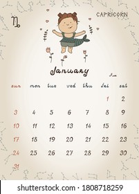 ZODIAC Kids Wall Calendar 2020 - January. Weeks start with Sunday.