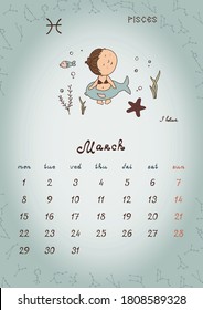 ZODIAC Kids Wall Calendar 2021 - March. Weeks start with Monday.