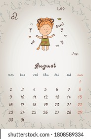 ZODIAC Kids Wall Calendar 2021 - August.  Weeks start with Monday.