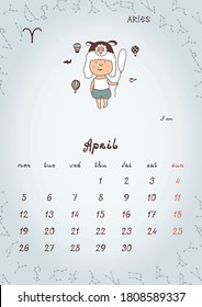ZODIAC Kids Wall Calendar 2021 - April.  Weeks start with Monday.