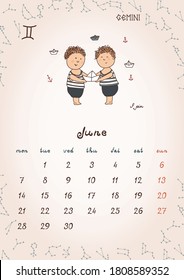 ZODIAC Kids Wall Calendar 2021 - June.  Weeks start with Monday.