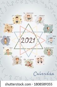 ZODIAC Kids Wall Calendar 2021 - Cover.  Weeks start with Monday.
