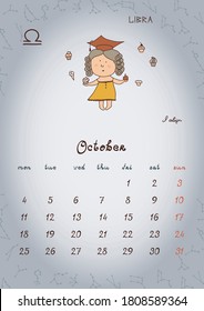 ZODIAC Kids Wall Calendar 2021 - October.  Weeks start with Monday.