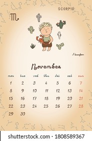ZODIAC Kids Wall Calendar 2021 - November.  Weeks start with Monday.