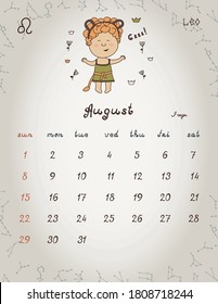 ZODIAC Kids Wall Calendar 2021 - August.  Weeks start with Sunday.