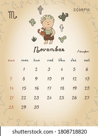 ZODIAC Kids Wall Calendar 2021 - November.  Weeks start with Sunday.