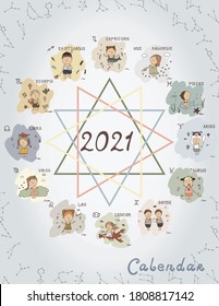 ZODIAC Kids Wall Calendar 2021 - Cover.  Weeks start with Sunday.