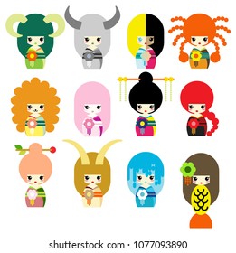 Zodiac Kokeshi Doll Vector Set in Flat Style
