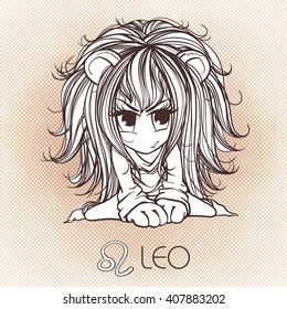  Zodiac: LEO astrological sign. Vector illustration of a chibi character. Zodiac: manga and anime style. Zodiac:drawing isolated on white. Design zodiac on.vintage background. Zodiac.