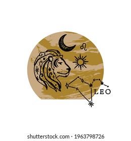 Zodiac Leo boho magical vintage distressed art symbol or label