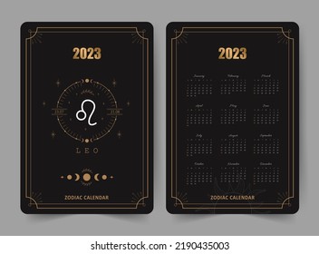 Zodiac leo calendar 2023. Pocket size. Front and back sides. Week starts on sunday. Astrological vector template ready to print. Vertical layout in English with horoscope sign.