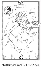 ZODIAC LEO CARD ILLUSTRATION-Zodiac Sign Leo black line illustration-constellation coloring