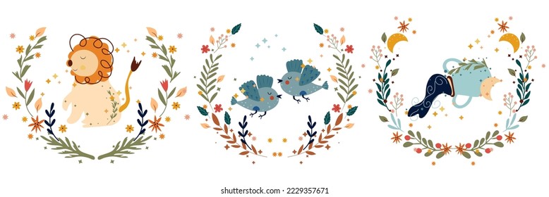Zodiac Leo, Gemini, Aquarius, with leaves, colorful flowers and stars around. Set Astrological zodiac Signs perfect for posters, logo, cards. Vector illustration