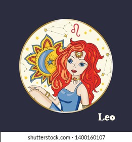 Zodiac Leo Girl Vector Sign. Cartoon astrology round badge illustration. Horoscope drawing.