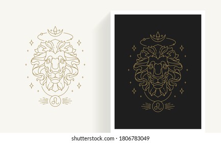 Zodiac leo horoscope sign line art silhouette design vector illustration. Creative decorative elegant linear astrology zodiac leo emblem template for logo or poster decoration.