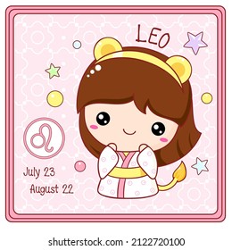 Zodiac Leo sign character in kawaii style. Cute chibi little girl in kimono. Square card with Zodiac symbol, date of birth and cartoon baby girl. Vector illustration EPS8