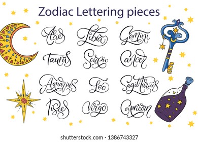 Zodiac lettering Vector Sign. Cartoon astrology text illustration. Horoscope handwritten icon set.