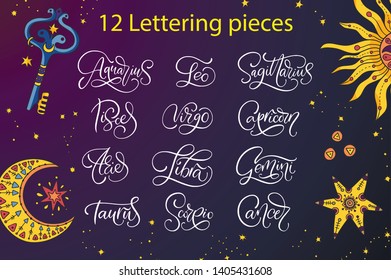 Zodiac lettering Vector Sign. Cartoon astrology text illustration. Horoscope handwritten icon set.