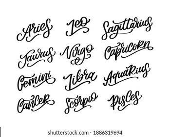 Zodiac lettering Vector Sign. Cartoon astrology text illustration. Horoscope handwritten icon set.