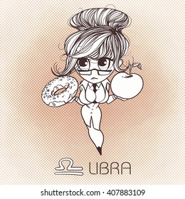  Zodiac: LIBRA astrological sign. Vector illustration of a chibi character. Zodiac: manga and anime style. Zodiac:drawing isolated on white. Design zodiac on.vintage background. Zodiac.