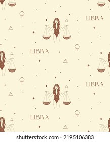 Zodiac Libra Background Seamless Pattern. Brown Mystic Spiritual Astrology Signs