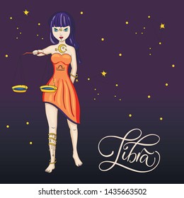 Zodiac Libra Beautiful Girl Vector Sign. Cartoon horoscope astrology illustration with constellations. Horoscope drawing.