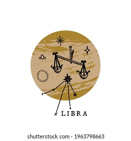 Zodiac Libra boho magical vintage distressed art symbol or label