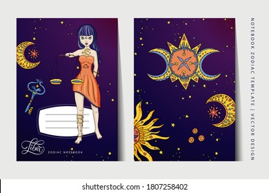 Zodiac Libra girl notebook vector template. Book layout for a3, a4, a5 paper size. School education art. Astrology woman,  horoscope symbol. Cover page design.