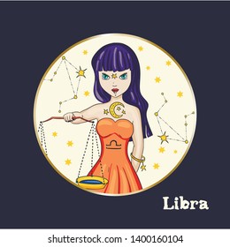 Zodiac Libra Girl Vector Sign. Cartoon astrology round badge illustration. Horoscope drawing.