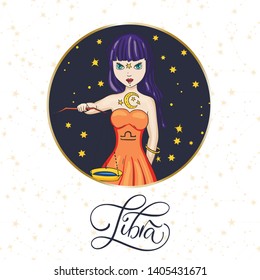 Zodiac Libra Girl Vector Sign. Cartoon astrology round badge illustration. Horoscope drawing.