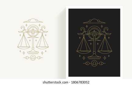 Zodiac libra horoscope sign line art silhouette design vector illustration. Creative decorative elegant linear astrology zodiac libra emblem template for logo or poster decoration.