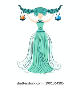 Zodiac, Libra illustration of the zodiac sign as a beautiful girl with braids. Vintage zodiac boho style fashion illustration in pastel colors.
