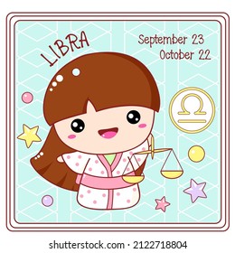 Zodiac Libra sign character in kawaii style. Cute chibi little girl in kimono. Square card with Zodiac symbol, date of birth and cartoon baby girl. Vector illustration EPS8