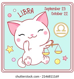 Zodiac Libra sign character in kawaii style. Square card with cute little white kitty and Zodiac symbol, date of birth. Cartoon baby cat and Zodiacal card. Vector illustration EPS8