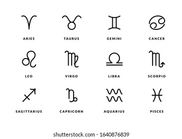 Zodiac line icons. Horoscope symbols, set of astrology signs as aries taurus gemini cancer leo virgo libra scorpio sagittarius capricorn aquarius pisces. Vector art editable strokes