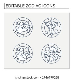 Zodiac line icons set. Fourth fire signs in zodiac.Birth symbols.Aquarius,sagittarius,capricorn,pisces.Mystic horoscope signs.Astrological science concept.Isolated vector illustrations.Editable stroke