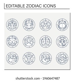Zodiac line icons set. Fourth fire signs in zodiac. Birth symbols. Mystic horoscope signs. Astrological science concept. Isolated vector illustrations. Editable stroke