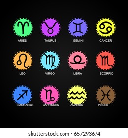 zodiac logo and icon colorful object on black background, horoscope symbol.