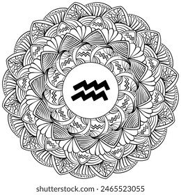 Zodiac mandala Aquarius, fantasy coloring page with astrological sign and meditative abstractions vector illustration