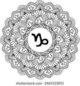 Zodiac mandala Capricorn, fantasy coloring page with astrological sign and meditative lines vector illustration