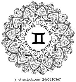 Zodiac mandala Gemini, fantasy coloring page with astrological sign and meditative motifs vector illustration
