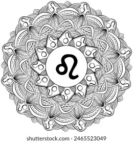 Zodiac mandala Leo, fantasy coloring page with astrological sign and meditative patterns vector illustration