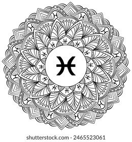 Zodiac mandala Pisces, fantasy coloring page with astrological sign and meditative waves vector illustration