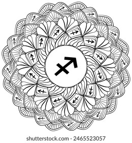 Zodiac mandala Sagittarius, fantasy coloring page with astrological sign and meditative doodles vector illustration